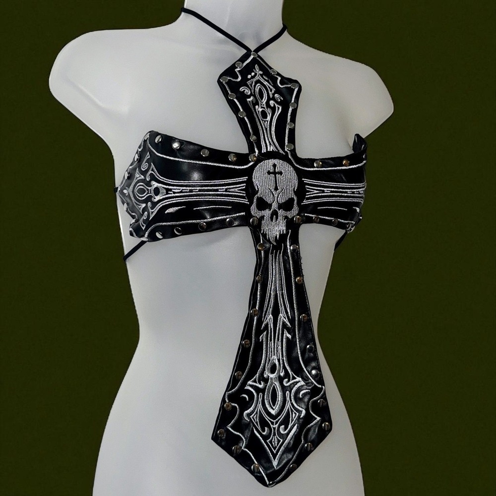 Medium Black Cross Skull Backless Halter Top Studded Leather Rave EDM Vegan